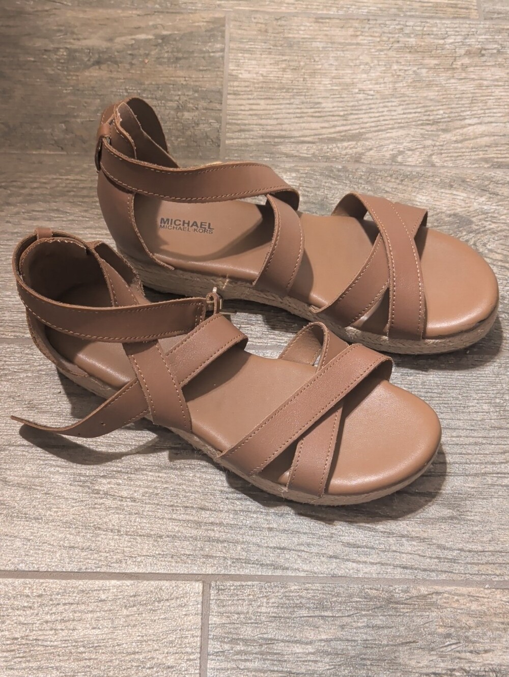 Michael Kors Tan Cross-Strap Espadrille Wedge Sandals